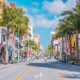 a city street lined with palm trees and shops